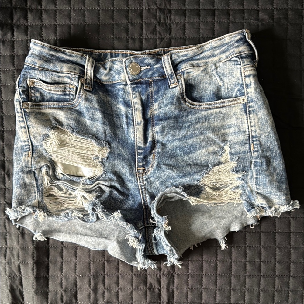 Blue High-Waisted Distressed Jean Shorts